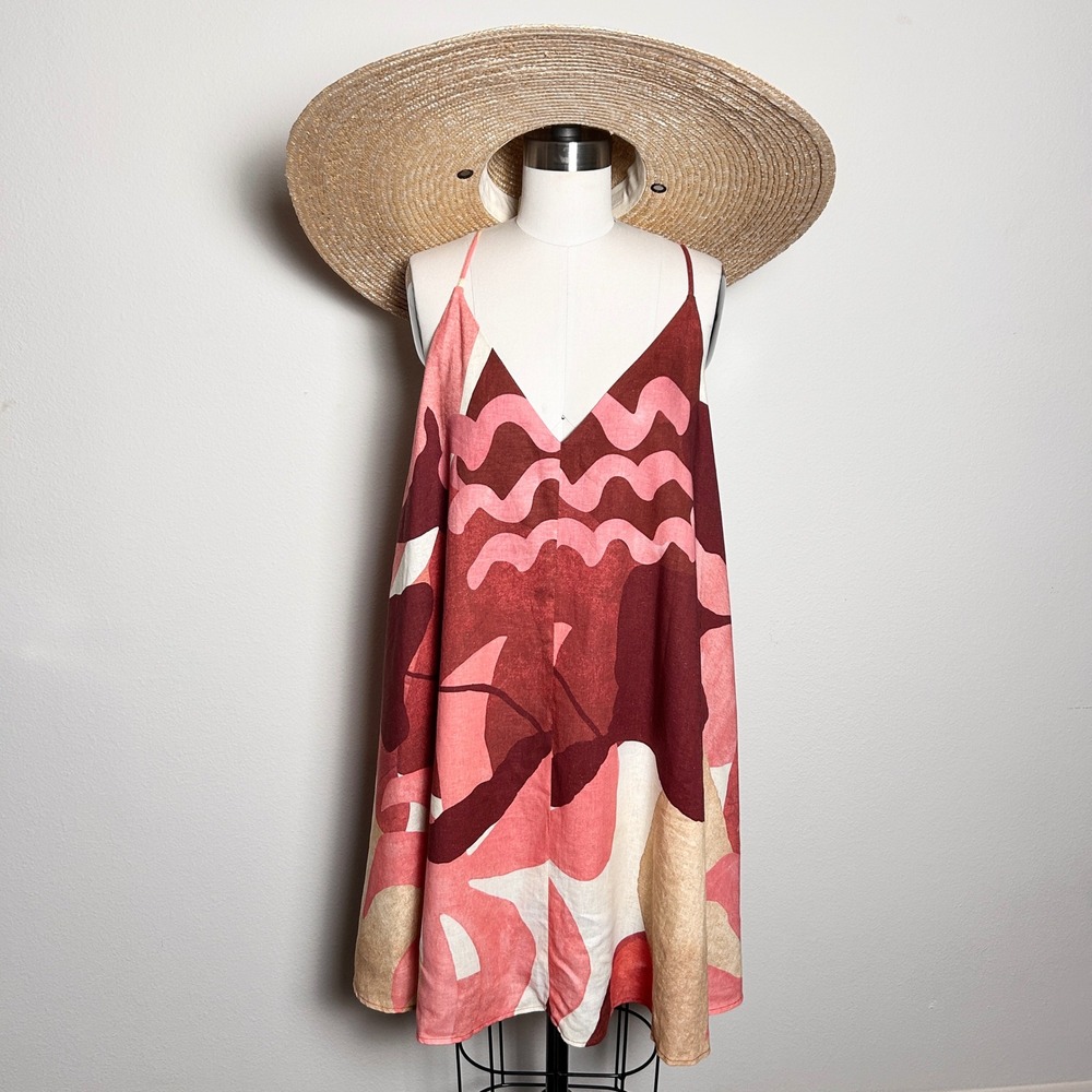 Linen Blend Abstract Print Trapeze Swing Mini Dress Pink Burgundy Beige S